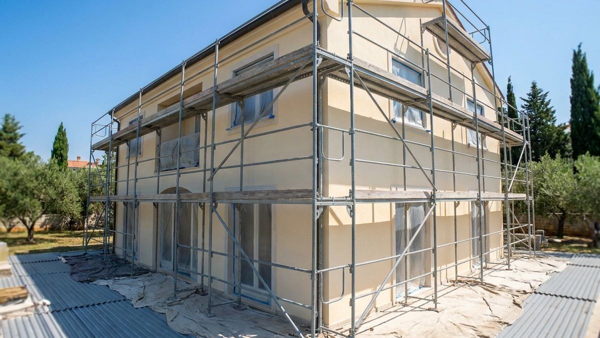 A house in fresh render with the scaffolding still standing, among cypress and olive trees