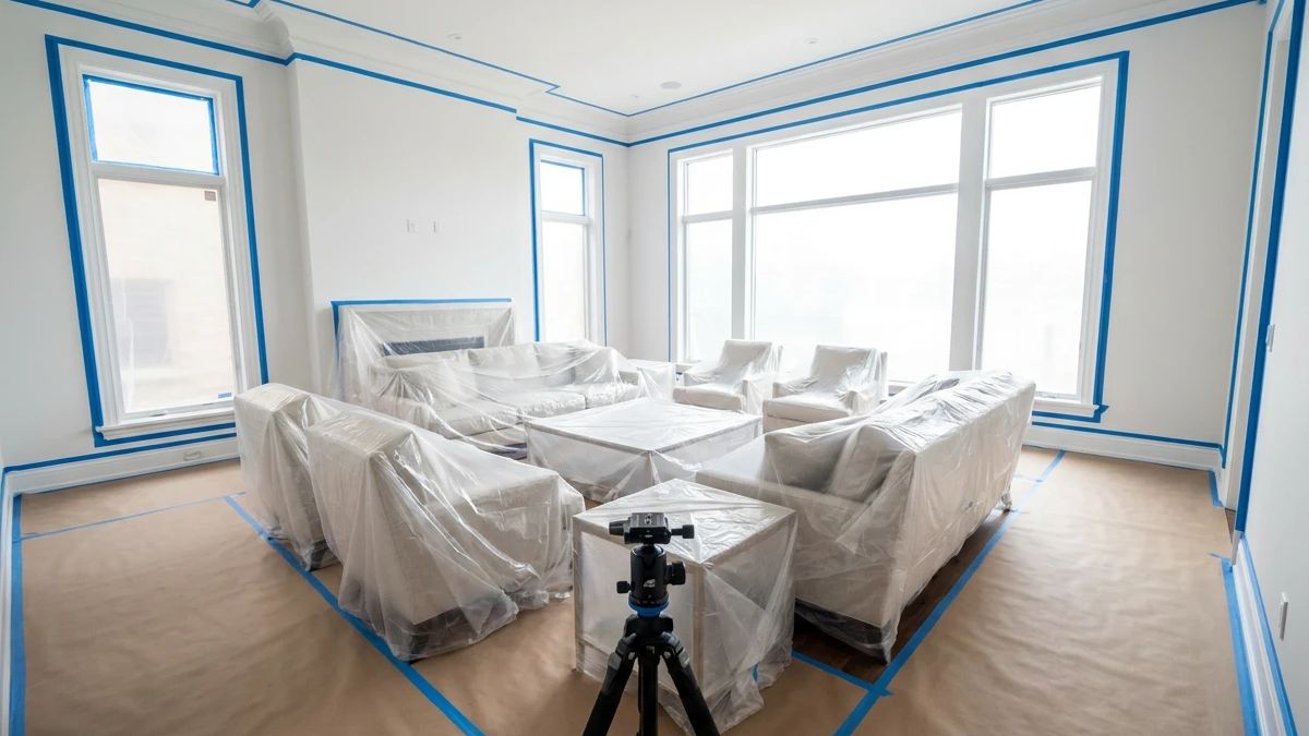 A room masked off with tape, the furniture sheeted and the floor papered, ready for painting